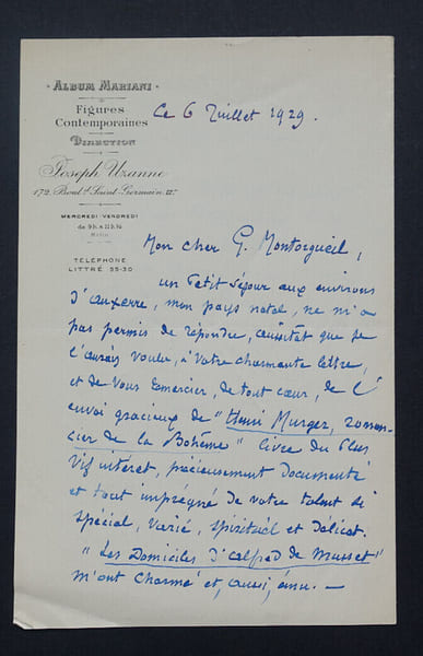 Joseph UZANNE - LETTRE AUTOGRAPHE SIGN&Eacute;E A Georges MONTORGUEIL, 1929. Joseph Uzanne
