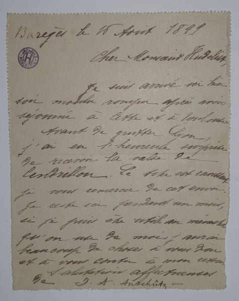 ANSCHUTZ Jacques Albert CARTE LETTRE AUTOGRAPHE SIGN&Eacute;E, CENDRILLON, BAREGES 1899. Jacques Albert Ansch&uuml;tz