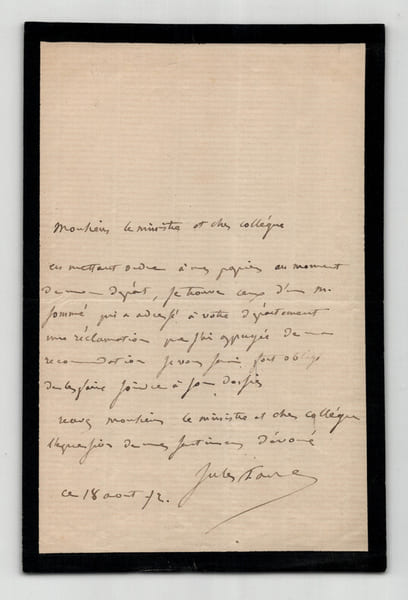 Jules Favre - Lettre autographe sign&eacute;e &agrave; un ministre - 1872. Jules Favre
