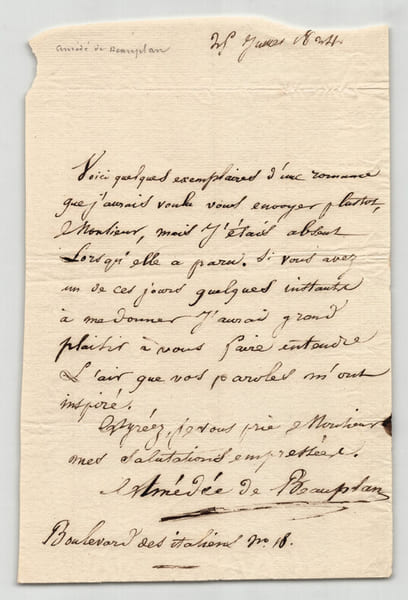 Am&eacute;d&eacute;e de Beauplan - Lettre autographe sign&eacute;e - 1834. Am&eacute;d&eacute;e de Beauplan