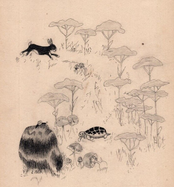 Dessin &agrave; l'encre illustration fable "Le li&egrave;vre et la tortue". 
