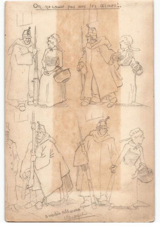 Dessin au crayon, on ne cause pas sous les armes, ann&eacute;es 1910/40. 