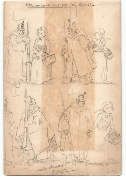 Dessin au crayon, on ne cause pas sous les armes, ann&eacute;es 1910/40. 