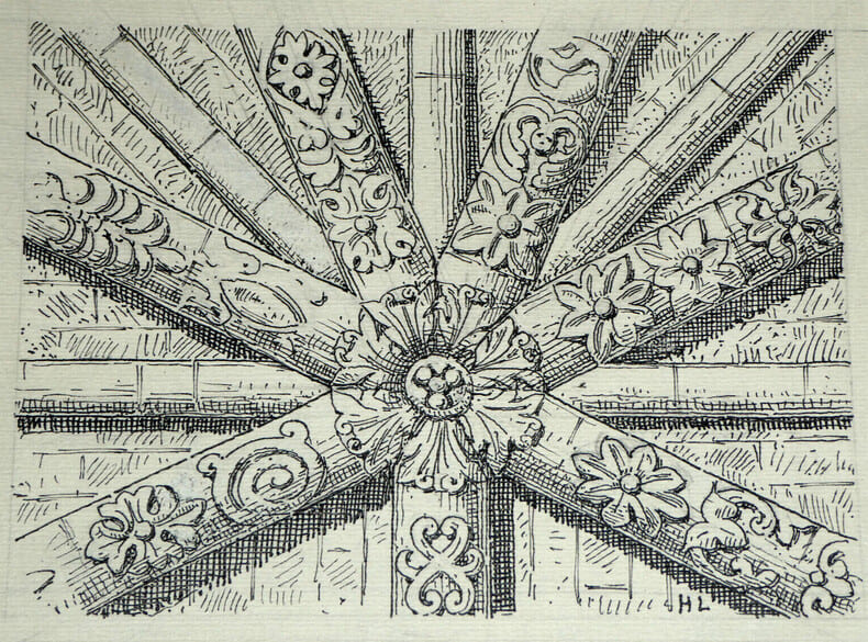 Dessin original sign&eacute; - Clef de vo&ucirc;te de l'&eacute;glise de Lucheux (fin XIIe si&egrave;cle). Louis Henri Laffill&eacute;e