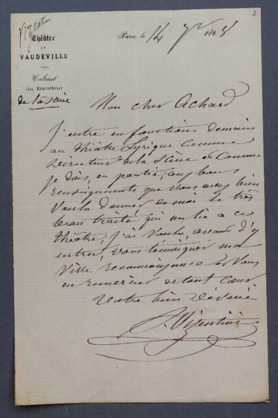 Albert VIZENTINI, Violoniste - LETTRE AUTOGRAPHE SIGN&Eacute;E, Paris, 1865. Albert VIZENTINI