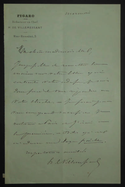 VILLEMESSANT Hippolyte LETTRE AUTOGRAPHE SIGN&Eacute;E, FIGARO REDACTEUR EN CHEF PARIS. VILLEMESSANT Hippolyte
