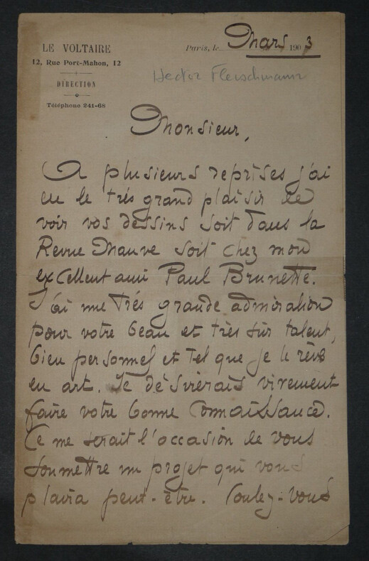 Hector FLEISCHMANN - LETTRE AUTOGRAPHE SIGN&Eacute;E, Mars 1903, Paris. Hector FLEISCHMANN