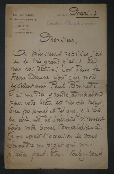 Hector FLEISCHMANN - LETTRE AUTOGRAPHE SIGN&Eacute;E, Mars 1903, Paris. Hector FLEISCHMANN