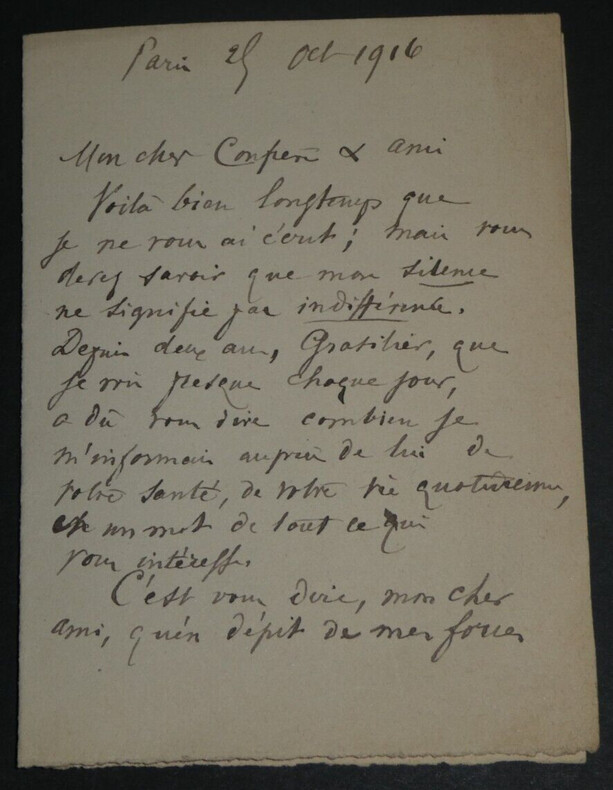 Paul D'ESTR&Eacute;E, Homme de lettres - LETTRE AUTOGRAPHE SIGN&Eacute;E DE 2 PAGES PARIS 1916. Paul D'ESTR&Eacute;E