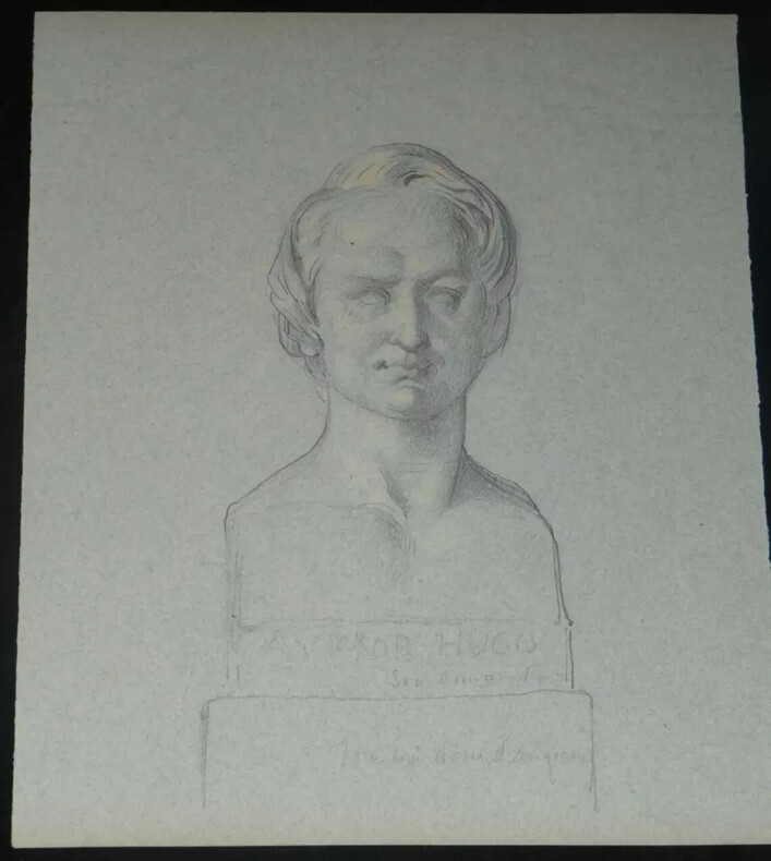 Dessin au crayon - buste de Victor HUGO - attribu&eacute; &agrave; David d'ANGERS - XIX&egrave;me. David d'Angers (attribu&eacute; &agrave;)