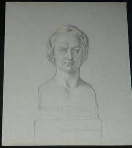 Dessin au crayon - buste de Victor HUGO - attribué à David d'ANGERS - XIXème