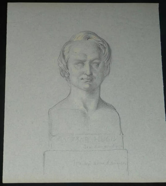 Dessin au crayon - buste de Victor HUGO - attribu&eacute; &agrave; David d'ANGERS - XIX&egrave;me. David d'Angers (attribu&eacute; &agrave;)