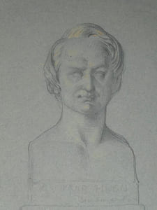 Dessin au crayon - buste de Victor HUGO - attribué à David d'ANGERS - XIXème