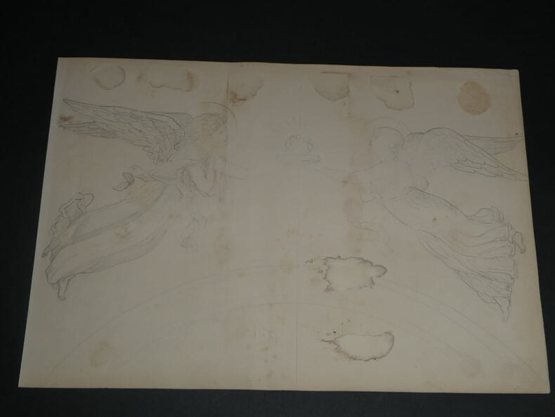 Dessin au crayon, fin XIX&egrave;me, Garret, d&eacute;corateurs, Vesoul , Deux anges volants. Garret