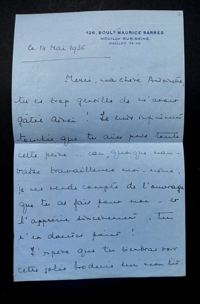 DE CHAMBURE Genevi&egrave;ve - LETTRE AUTOGRAPHE SIGN&Eacute;E &Agrave; Antoinette BUCQUET, 1936. Genevi&egrave;ve de Chambure