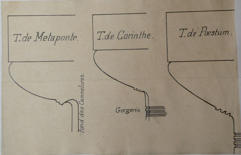 Parall&egrave;le entre les profils de quelques chapiteaux doriques - Dessin original sign&eacute;. Louis Henri Laffill&eacute;e