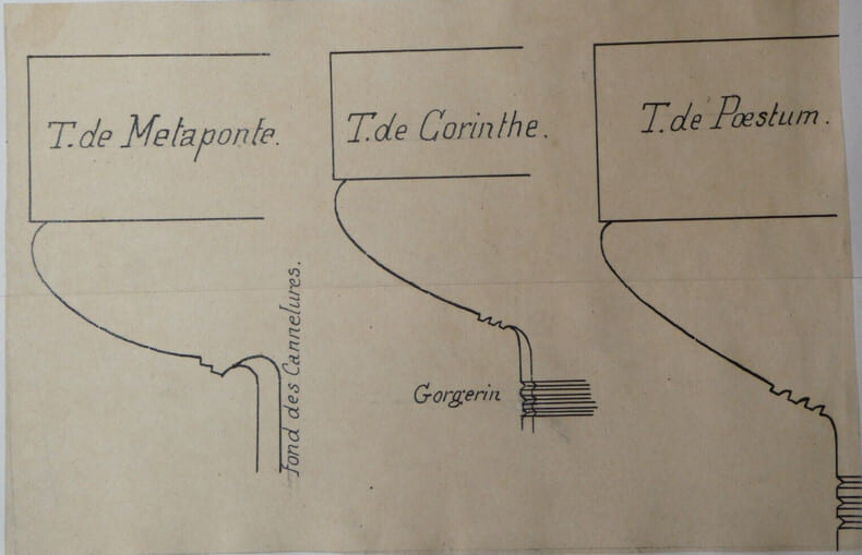 Parall&egrave;le entre les profils de quelques chapiteaux doriques - Dessin original sign&eacute;. Louis Henri Laffill&eacute;e