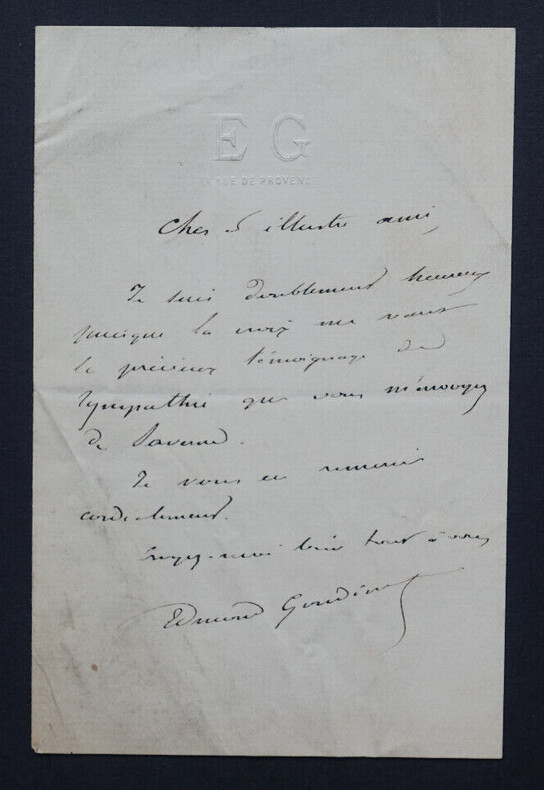 Edmond GONDINET - Lettre autographe sign&eacute;e avec monogramme gaufr&eacute;. Edmond GONDINET