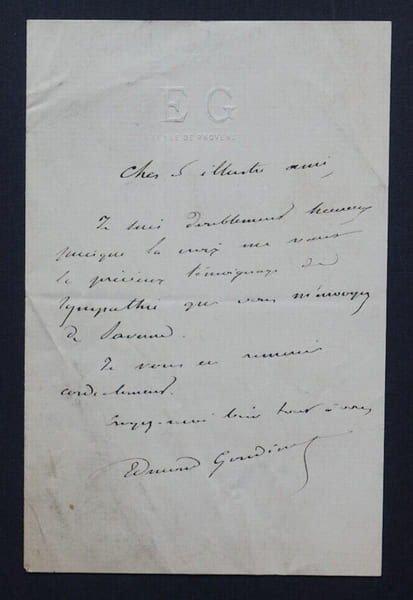 Edmond GONDINET - Lettre autographe sign&eacute;e avec monogramme gaufr&eacute;. Edmond GONDINET