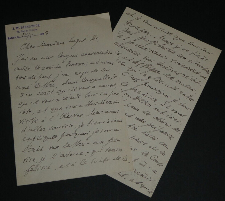Jean Wladimir BIENSTOCK - LETTRE AUTOGRAPHE SIGN&Eacute;E &agrave; Aur&eacute;lien LUGNE 1908 7 pages. BIENSTOCK, Jean Wladimir