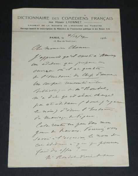 Henry LYONNET, &eacute;crivain - LETTRE AUTOGRAPHE SIGN&Eacute;E &Agrave; Henri CHENU, 1927. Henry LYONNET