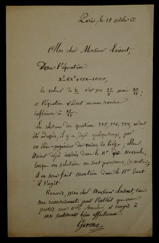 Camille Christophe GERONO, LETTRE AUTOGRAPHE SIGN&Eacute;E A Charles-Ange LAISANT, 1866. Camille Christophe GERONO