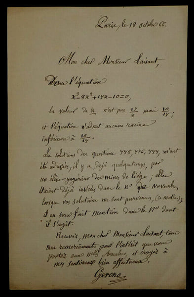 Camille Christophe GERONO, LETTRE AUTOGRAPHE SIGN&Eacute;E A Charles-Ange LAISANT, 1866. Camille Christophe GERONO