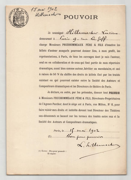 Pouvoir sign&eacute; Lucien Hillemacher – Collection coh&eacute;rente de 50 auteurs & musiciens. Lucien Hillemacher
