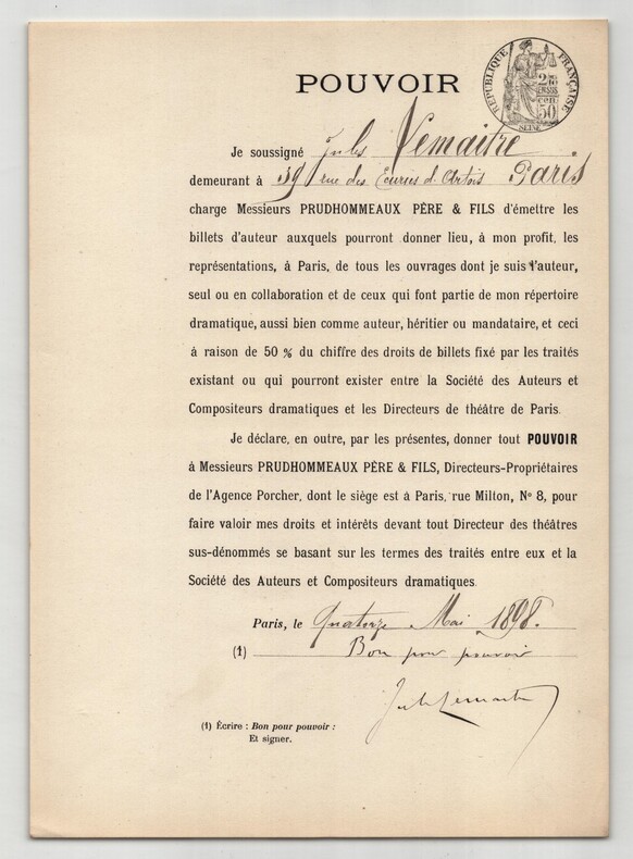 Pouvoir sign&eacute; par Jules Lema&icirc;tre – Collection coh&eacute;rente de 50 auteurs & musiciens. Jules Lema&icirc;tre