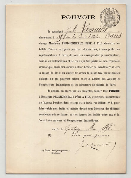 Pouvoir sign&eacute; par Jules Lema&icirc;tre – Collection coh&eacute;rente de 50 auteurs & musiciens. Jules Lema&icirc;tre