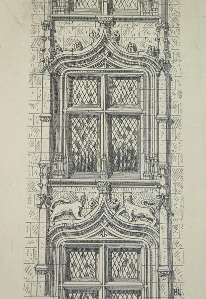 Fen&ecirc;tres superpos&eacute;es d'une maison &agrave; Tulle (XVe si&egrave;cle) - Dessin original sign&eacute;. Louis Henri Laffill&eacute;e