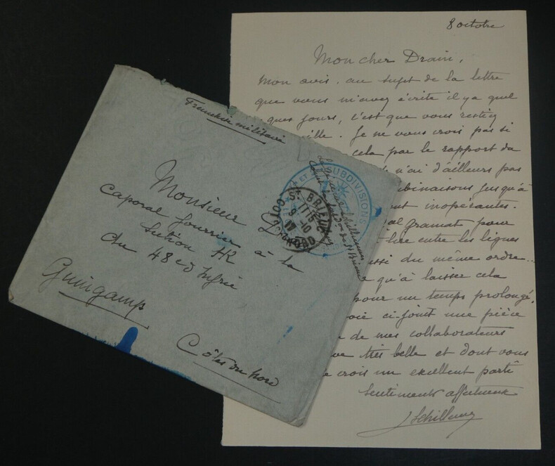 G&eacute;n&eacute;ral SCHILLEMANS - Lettre autographe sign&eacute;e au Caporal Drain 1917 Saint-Brieuc. G&eacute;n&eacute;ral SCHILLEMANS