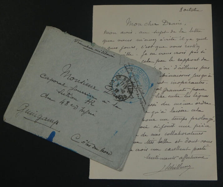 G&eacute;n&eacute;ral SCHILLEMANS - Lettre autographe sign&eacute;e au Caporal Drain 1917 Saint-Brieuc. G&eacute;n&eacute;ral SCHILLEMANS