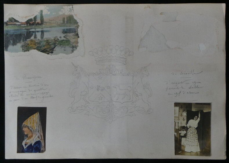 Dessin d'armoiries de Beaus&eacute;jour et S&eacute;r&eacute;ville + Cartes postales au dos. 