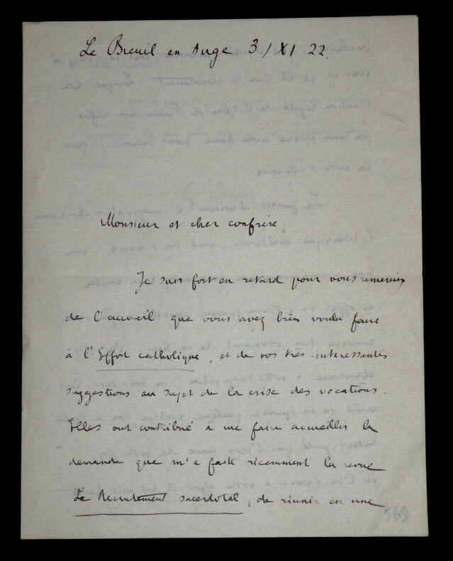 LETTRE AUTOGRAPHE SIGN&Eacute;E &Agrave; Louis ARTUS, 31 novembre 1922. Georges Goyau
