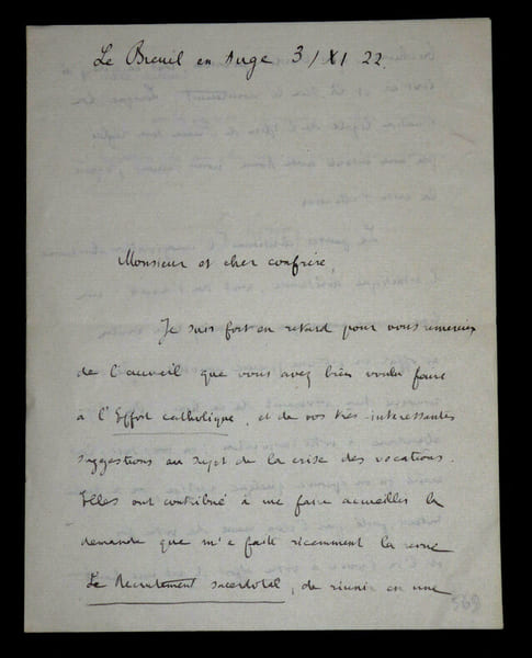 LETTRE AUTOGRAPHE SIGN&Eacute;E &Agrave; Louis ARTUS, 31 novembre 1922. Georges Goyau