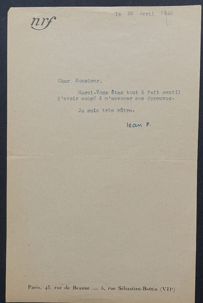 Jean PAULHAN, G&eacute;rant de la Nouvelle Revue Fran&ccedil;aise - TAPUSCRIT SIGN&Eacute;, 1945. Jean PAULHAN