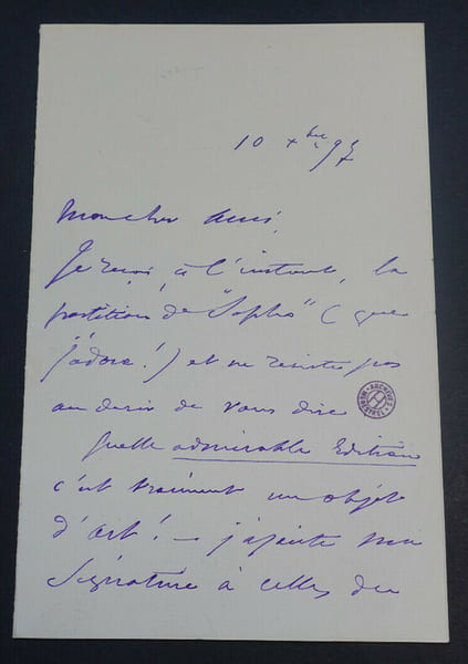 Jules DANBE, LETTRE AUTOGRAPHE SIGNEE, Paris, 1897. Jules Danb&eacute;