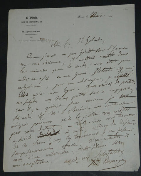Louis DESNOYER - LETTRE AUTOGRAPHE SIGN&Eacute;E &Agrave; &Eacute;mile Mares de Saint-Hilaire. Louis Desnoyer