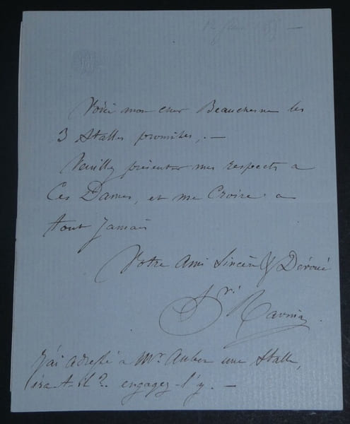 Jean-Henri Ravina - Lettre autographe sign&eacute;e destin&eacute;e [&agrave; M. Auber] - 1855. Jean-Henri Ravina