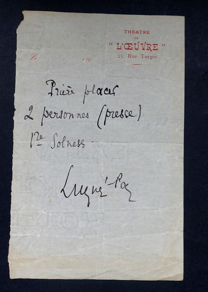LUGNE-POE Aur&eacute;lien - LETTRE AUTOGRAPHE SIGN&Eacute;E, R&Eacute;SERVATION DE PLACES c.1890. Aur&eacute;lien Lugn&eacute;-Poe
