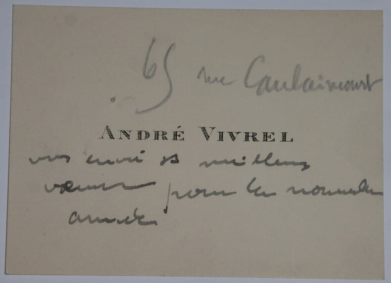 CARTE DE VISITE AUTOGRAPHE SIGN&Eacute;E, PARIS. Andr&eacute;-L&eacute;on Vivrel