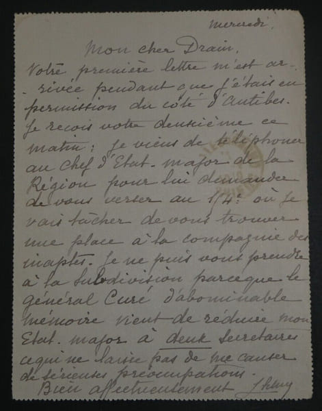 G&eacute;n&eacute;ral SCHILLEMANS - Lettre autographe sign&eacute;e au caporal DRAIN 1917 Saint-Brieuc. G&eacute;n&eacute;ral SCHILLEMANS