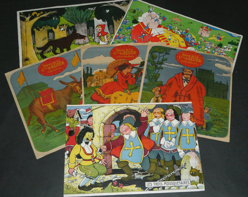 Lot de 6 gravures ann&eacute;es 30 ENFANTINA S&eacute;gur Mousquetaires Chaperon rouge. 