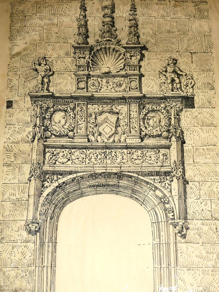 Dessin original sign&eacute; - Portail de l'&Eacute;v&ecirc;ch&eacute; de Sens - Architecture. Louis Henri Laffill&eacute;e