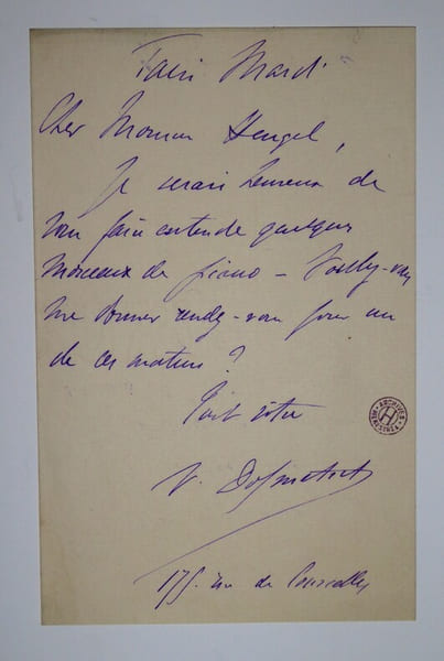 LETTRE AUTOGRAPHE SIGN&Eacute;E &Agrave; Henri HEUGEL, ARCHIVE MENESTREL. Victor Dolmetsch