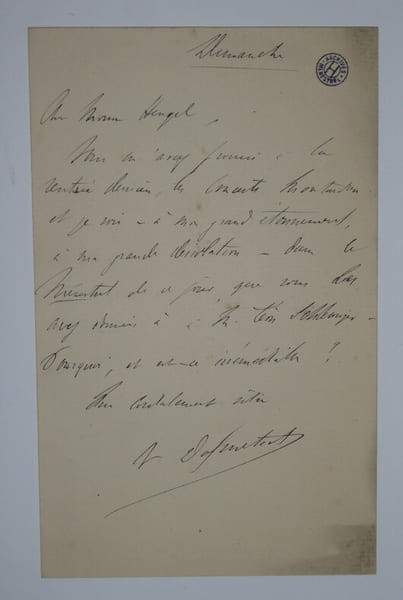 LETTRE AUTOGRAPHE SIGN&Eacute;E &Agrave; Henri HEUGEL, ARCHIVE MENESTREL. Victor Dolmetsch