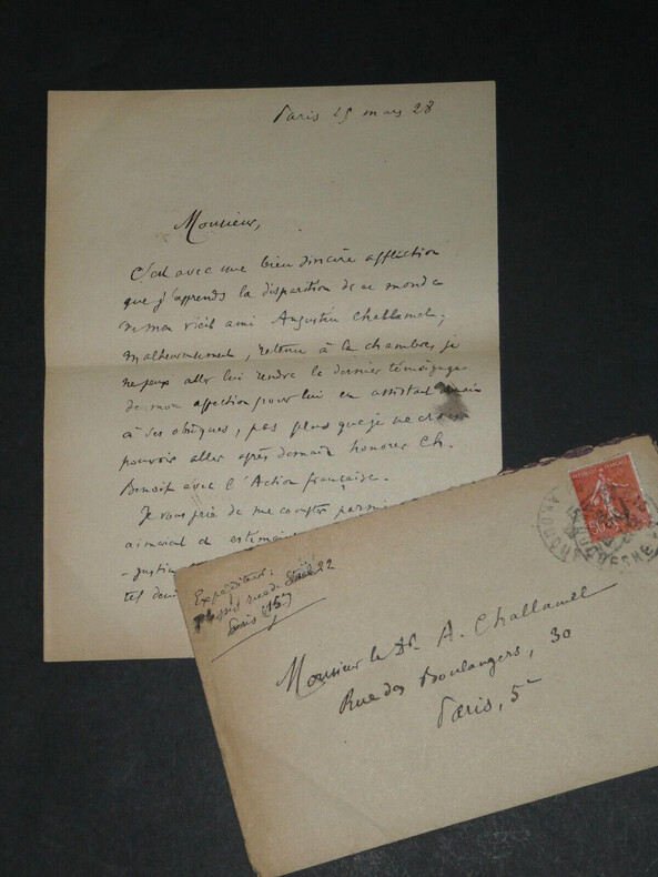 Fr&eacute;d&eacute;ric PLESSIS - LETTRE AUTOGRAPHE SIGN&Eacute;E de condol&eacute;ances, 1928. Fr&eacute;d&eacute;ric Plessis