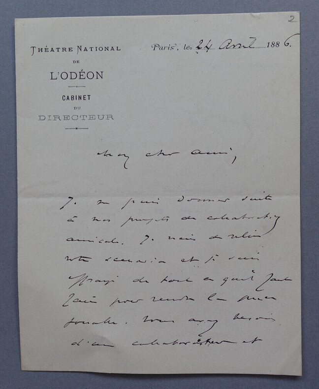 Paul POREL, Acteur et directeur de th&eacute;&acirc;tre - LETTRE AUTOGRAPHE SIGN&Eacute;E, 1886. Paul POREL