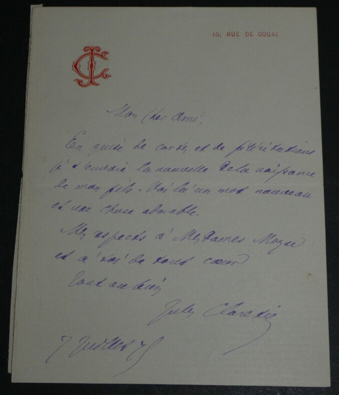 Jules CLARETIE, Romancier - LETTRE AUTOGRAPHE SIGN&Eacute;E NAISSANCE DE SON FILS. Jules CLARETIE